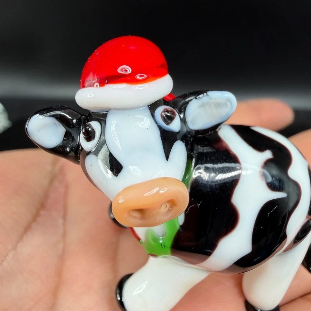 Pier 1 Glass Cow Figurine Santa Hat Christmas Holiday‎ Miniature 3 inch Figure